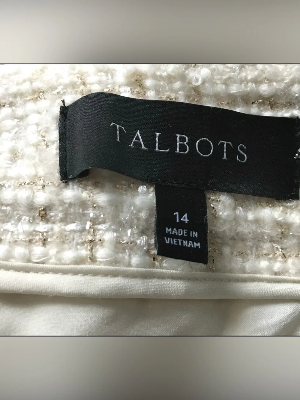 Talbots Dazzling Tweed A-Line Skirt Metallic Wool Blend Button Front Sz 14 Ivory
